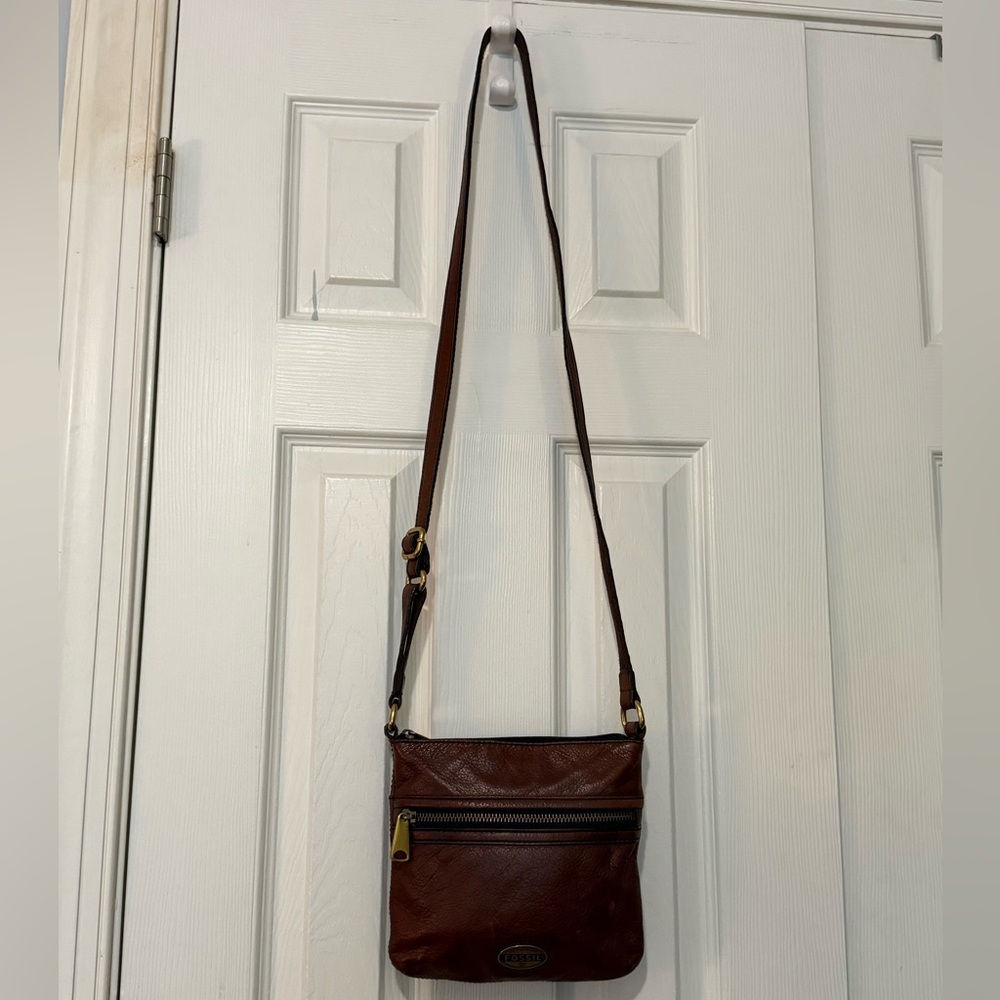 Fossil Brown Leather Explorer Mini Bag crossbody with Brass hardware